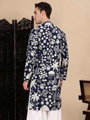 Deep blue silk blend chikankari kurta for mens 4