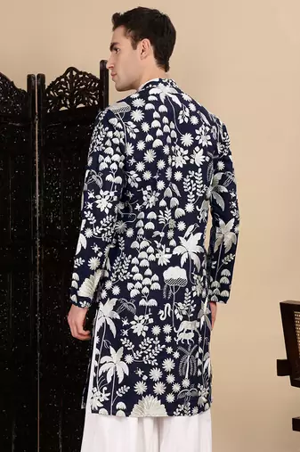 Deep blue silk blend chikankari kurta for mens
