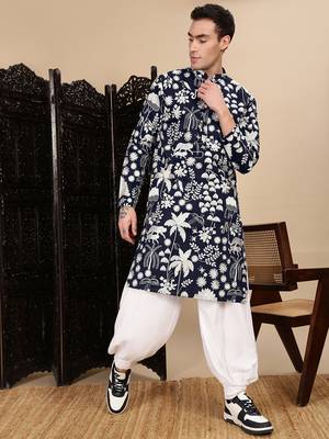 Deep blue silk blend chikankari kurta for mens 5