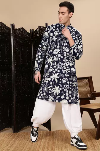 Deep blue silk blend chikankari kurta for mens