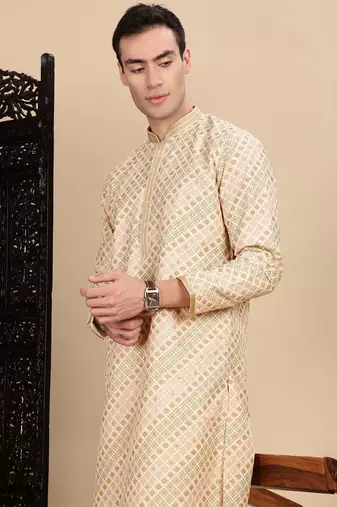 Deep beige cotton sequins kurta for mens
