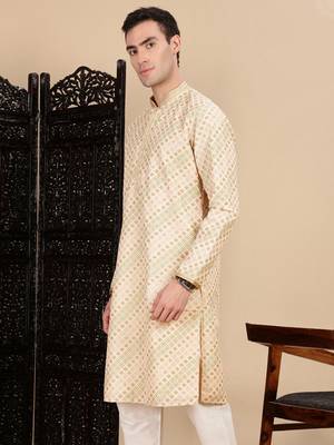 Deep beige cotton sequins kurta for mens 3