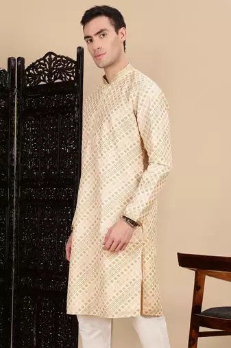 Deep beige cotton sequins kurta for mens