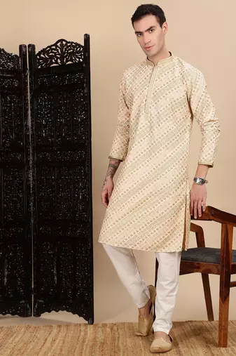 Deep beige cotton sequins kurta for mens