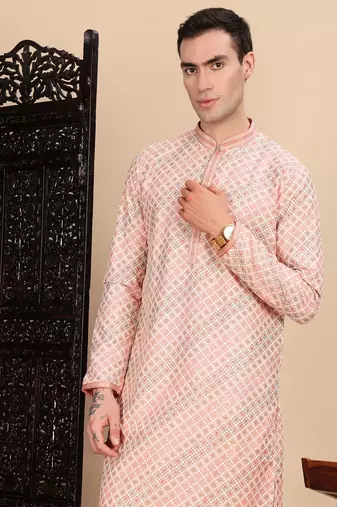 Light pink cotton sequins kurta for mens