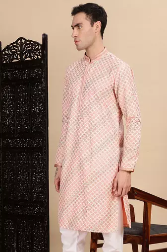 Light pink cotton sequins kurta for mens