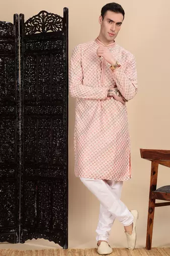 Light pink cotton sequins kurta for mens