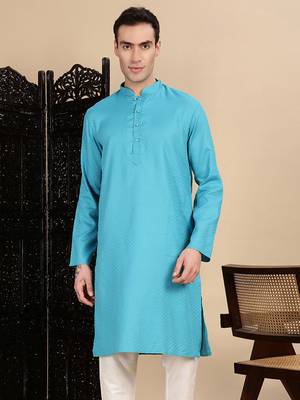 Sea green cotton textured kurta for mens 1