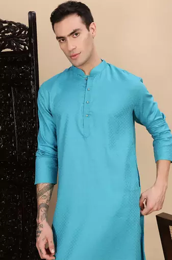 Sea green cotton textured kurta for mens
