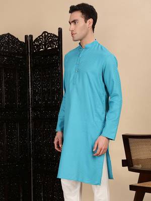 Sea green cotton textured kurta for mens 3