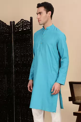Sea green cotton textured kurta for mens