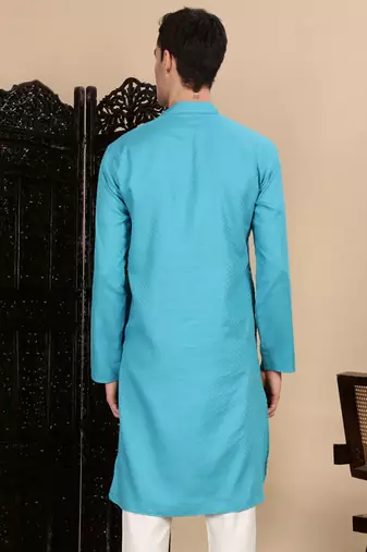 Sea green cotton textured kurta for mens
