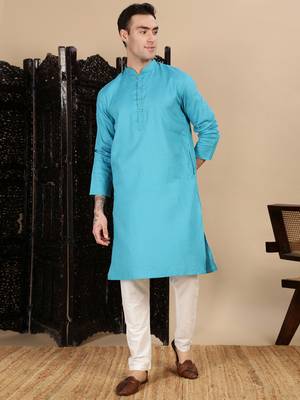 Sea green cotton textured kurta for mens 5