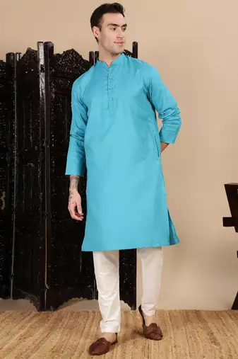 Sea green cotton textured kurta for mens