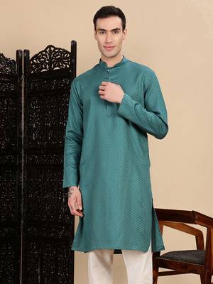 Green cotton textured kurta for mens 1