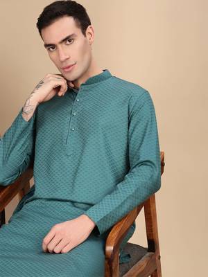 Green cotton textured kurta for mens 2