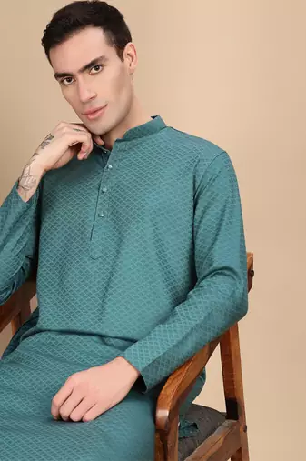Green cotton textured kurta for mens