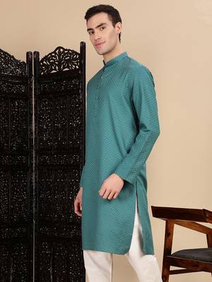 Green cotton textured kurta for mens 3
