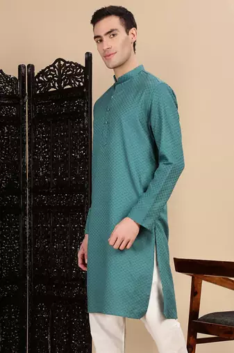 Green cotton textured kurta for mens