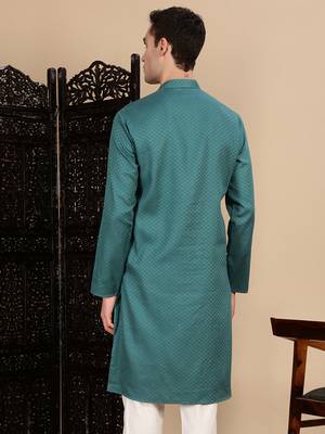 Green cotton textured kurta for mens 4