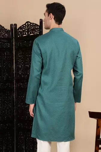 Green cotton textured kurta for mens