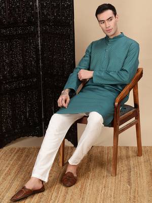 Green cotton textured kurta for mens 5