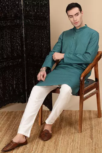 Green cotton textured kurta for mens