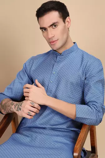 Grey cotton textured kurta for mens
