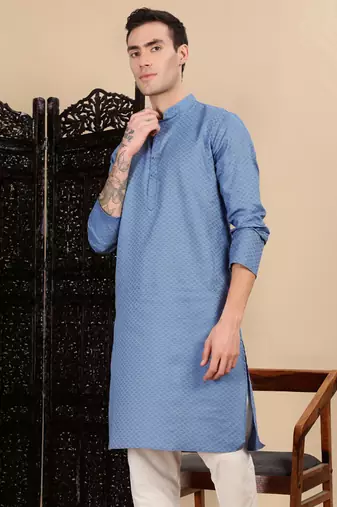 Grey cotton textured kurta for mens