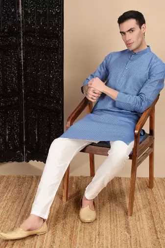 Grey cotton textured kurta for mens