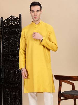 Mustard cotton textured kurta for mens 1