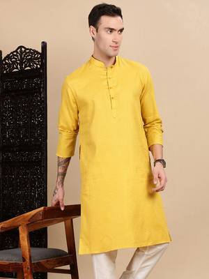 Mustard cotton textured kurta for mens 2
