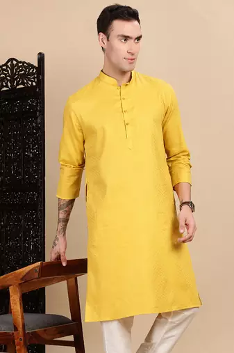 Mustard cotton textured kurta for mens