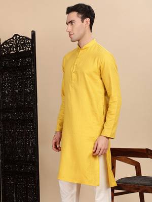 Mustard cotton textured kurta for mens 3