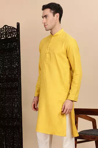 Mustard cotton textured kurta for mens