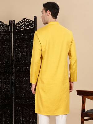Mustard cotton textured kurta for mens 4
