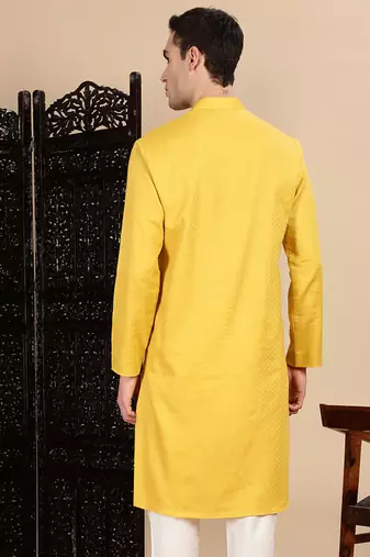 Mustard cotton textured kurta for mens