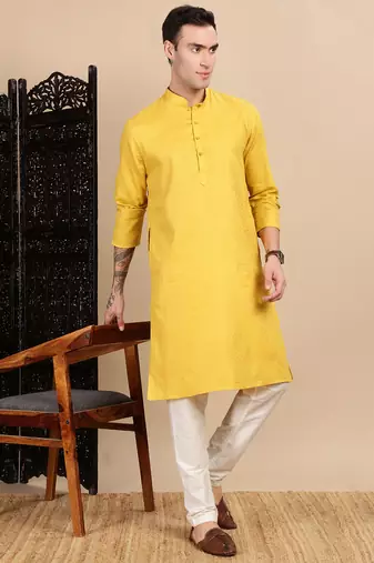 Mustard cotton textured kurta for mens