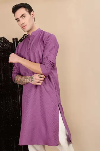 Mauve cotton textured kurta for mens