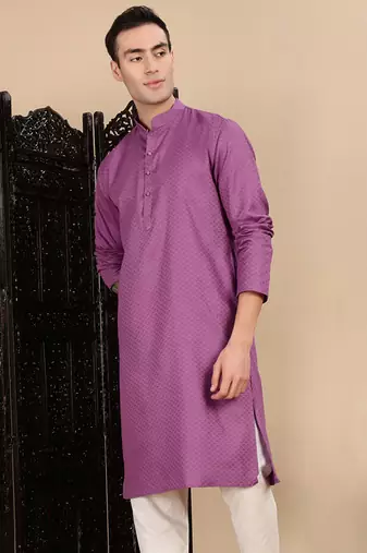 Mauve cotton textured kurta for mens