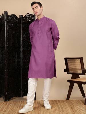 Mauve cotton textured kurta for mens 5