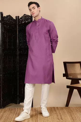 Mauve cotton textured kurta for mens