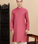 Pink cotton textured kurta for mens