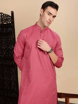 Pink cotton textured kurta for mens 2