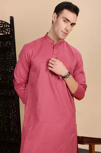 Pink cotton textured kurta for mens