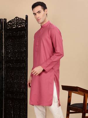 Pink cotton textured kurta for mens 3