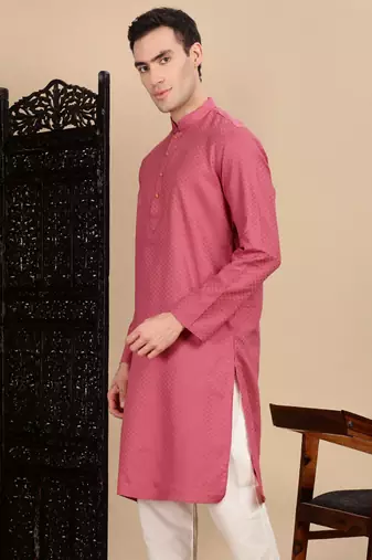 Pink cotton textured kurta for mens