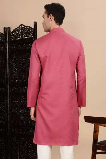 Pink cotton textured kurta for mens