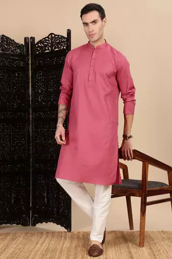 Pink cotton textured kurta for mens