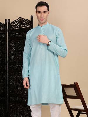 Sea green cotton textured kurta for mens 1